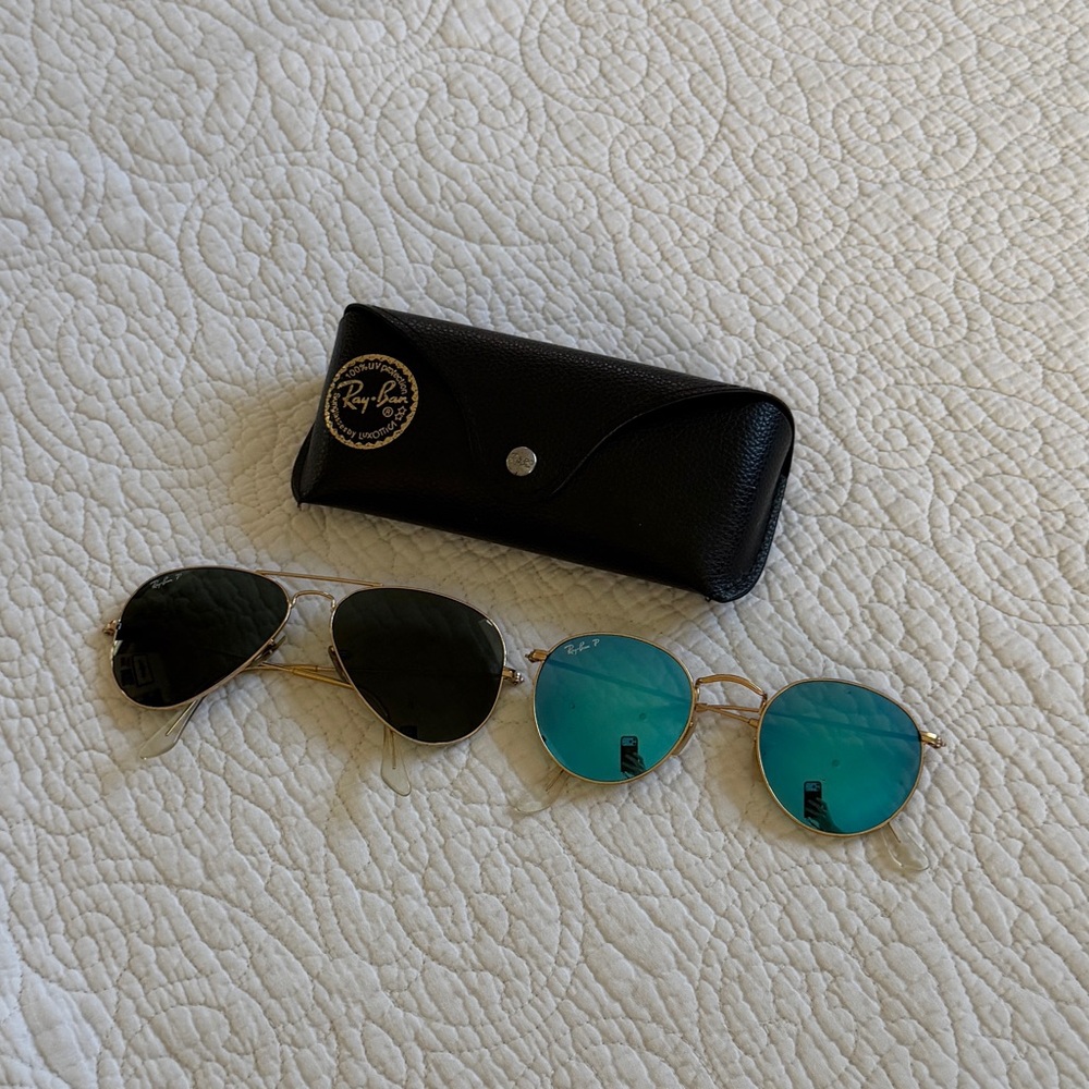 Ray-Ban Gold Frame Sunglasses with Black and Blue Lenses